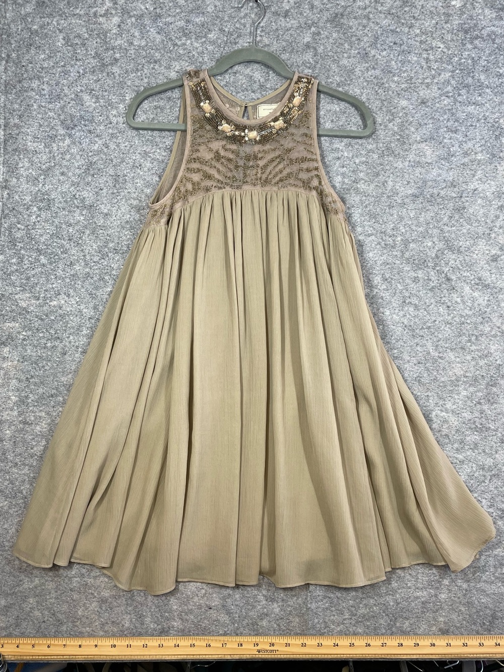 Anthropologie Moulinette Soeurs Beaded Chiffon Dress 6 Taupe Grecian Boho Tunic